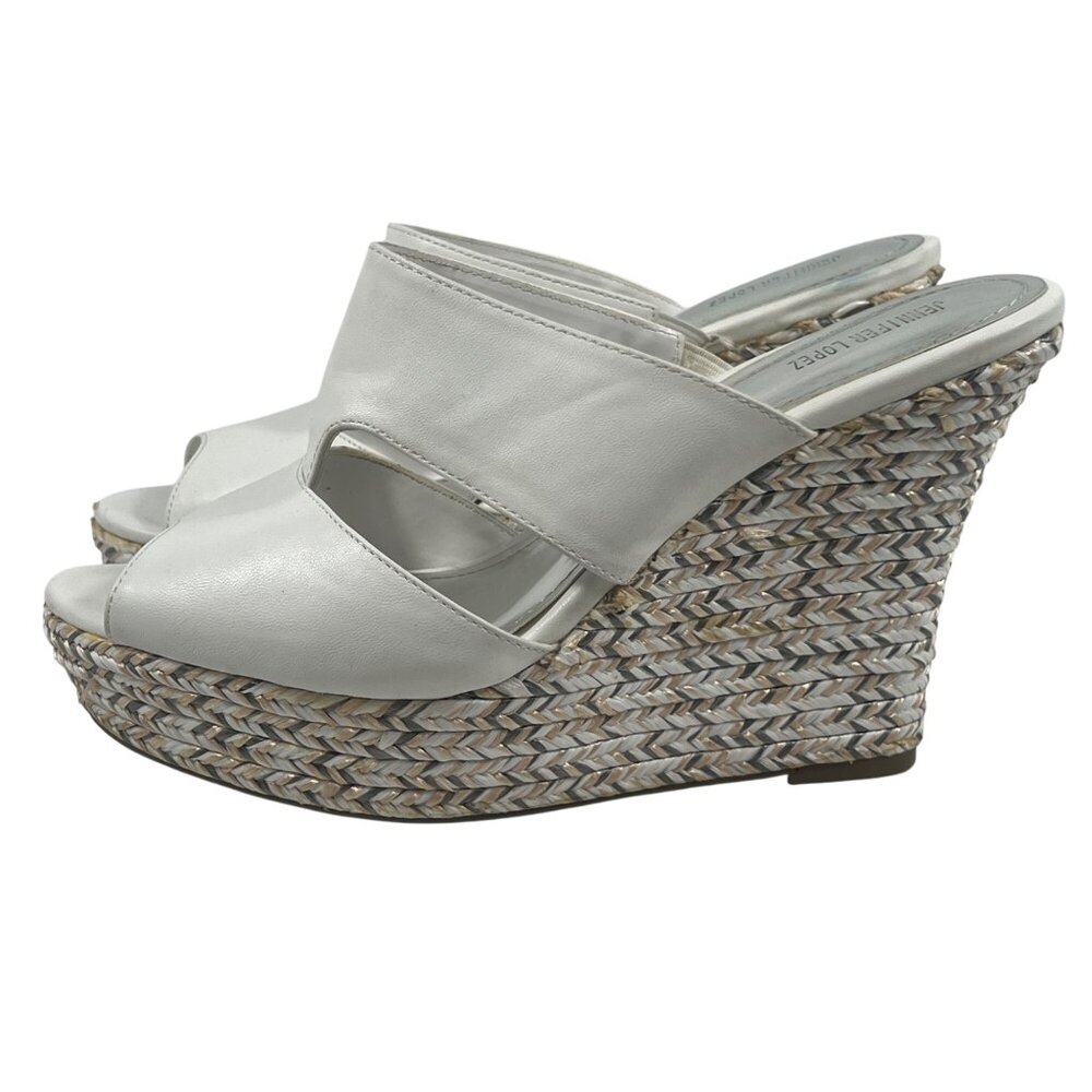 Jennifer Lopez White Open-Toe Wedge Sandals w/ Braided Platform Womens Sz 10
